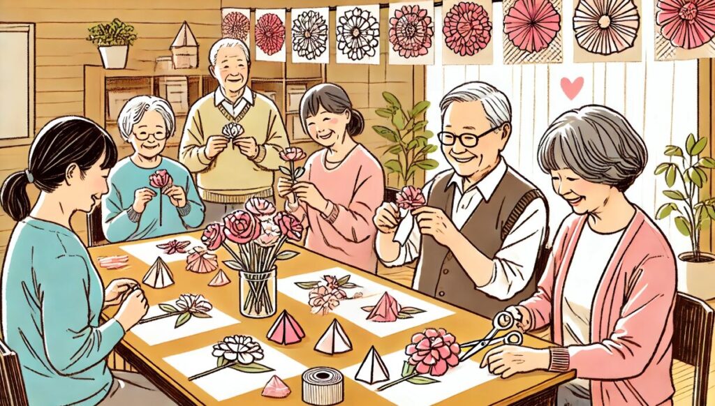 高齢者も簡単に作れる工作例 母の日 壁面 高齢者