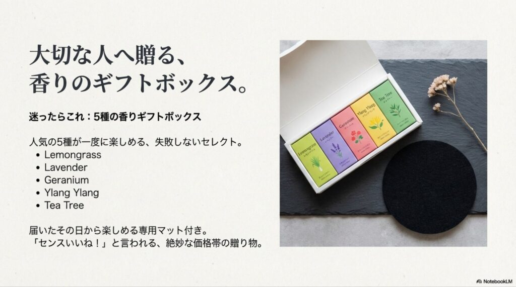 5色のカラフルなhibi(レモングラス、ラベンダー、ゼラニウム、イランイラン、ティーツリー)が入ったギフトボックスと専用マット。「大切な人へ贈る、香りのギフトボックス」