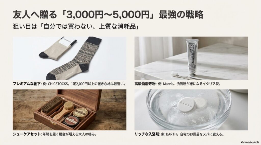 友人に贈る上質な消耗品ギフト例（靴下、歯磨き粉、入浴剤）