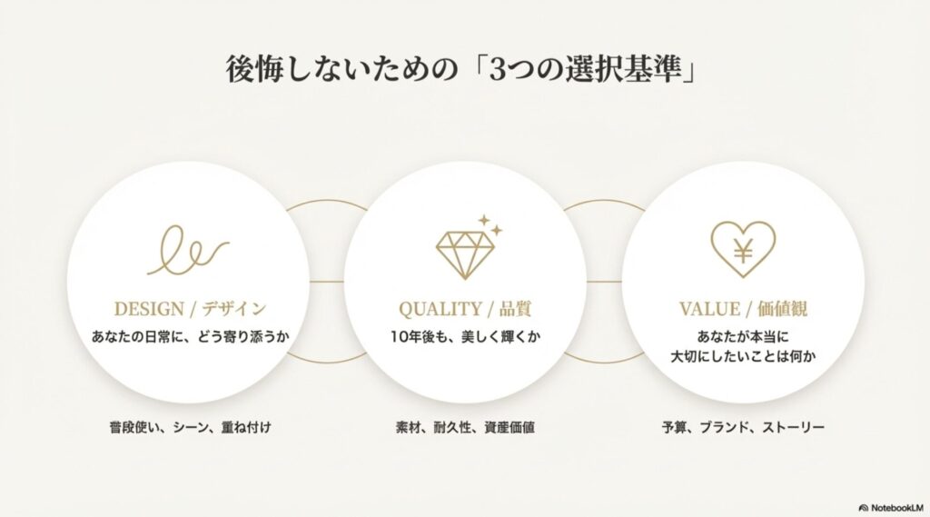 デザイン(日常への寄り添い)、品質(10年後の輝き)、価値観(大切にしたいこと)の3つの視点を示すチャート図