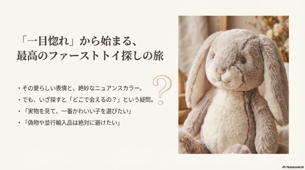 メリーマイヤーのぬいぐるみ（うさぎ）の写真。「どこで会えるの？」「偽物は避けたい」といった購入前の悩みと、最高のファーストトイ探しの旅というタイトル