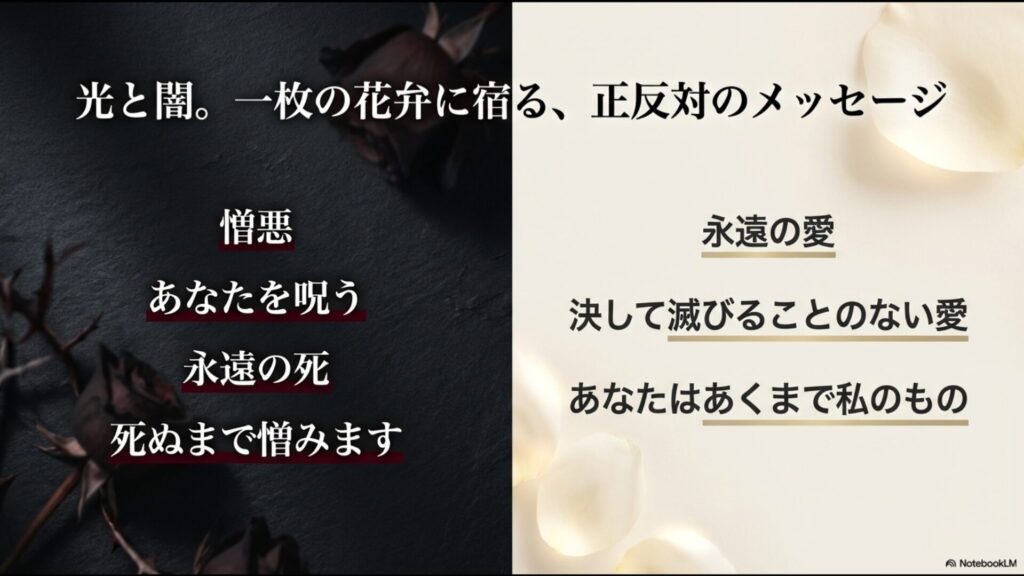 黒バラの花言葉。「永遠の愛」というポジティブな意味と、「憎悪・あなたを呪う」というネガティブな意味の対比図
