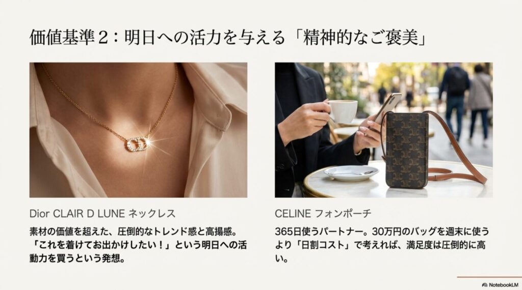 価値基準2：明日への活力を与える「精神的なご褒美」。Dior CLAIR D LUNE ネックレスとCELINE フォンポーチの紹介。