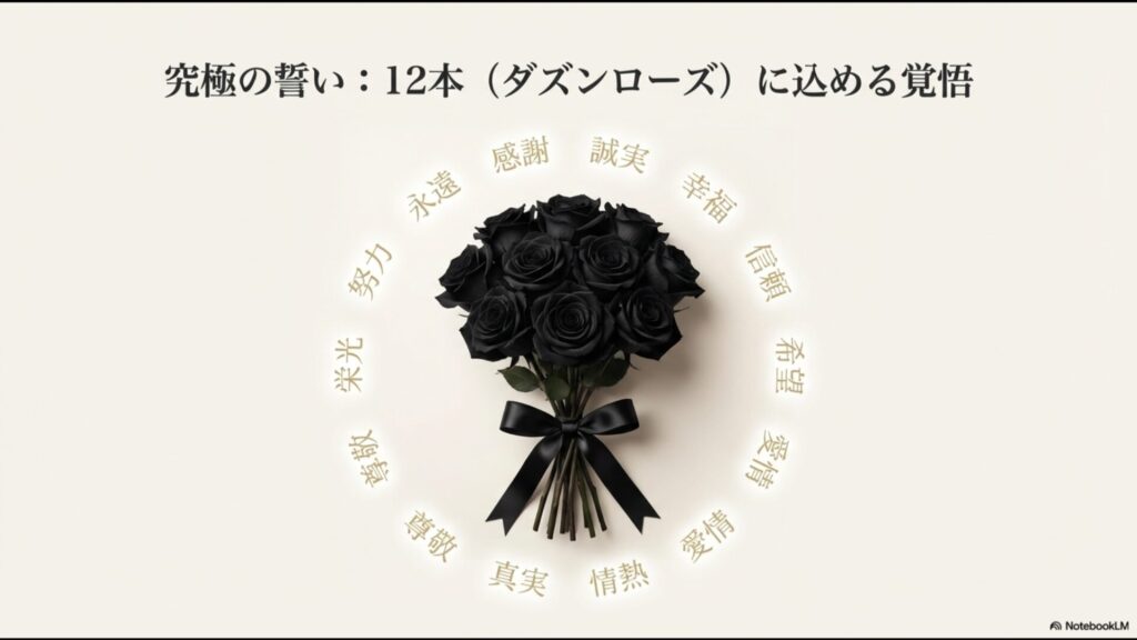 究極の誓い、ダズンローズ(12本)。感謝・誠実・幸福・信頼・希望・愛情・情熱・真実・尊敬・栄光・努力・永遠の意味一覧