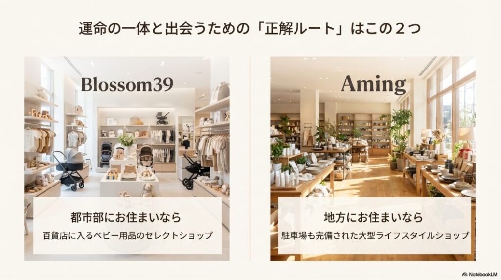 運命の一体と出会うための正解ルート。都市部なら「Blossom39」、地方なら「Aming」が推奨されることを示す図解
