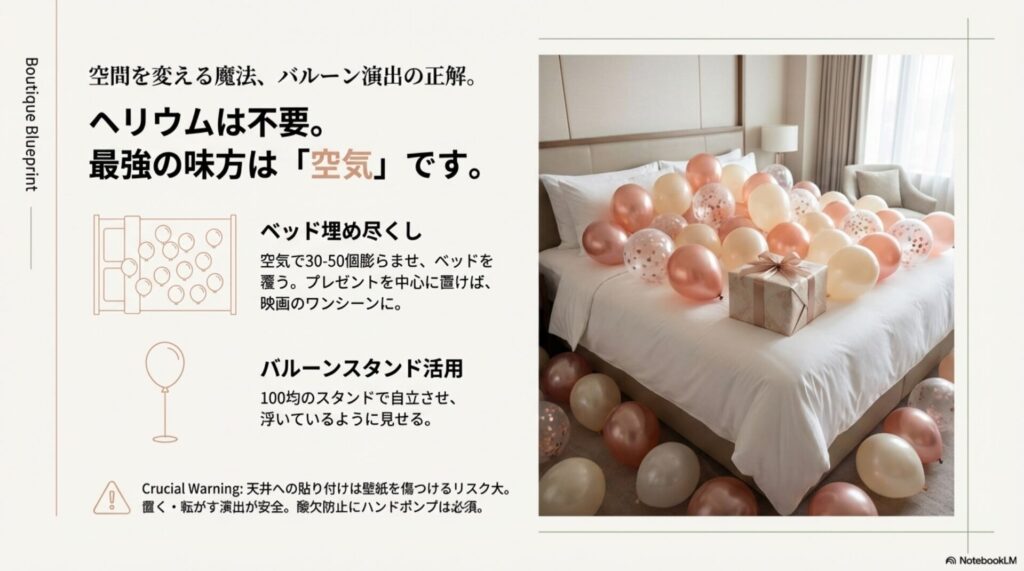 ベッドの上に多数のバルーンを散りばめ、ヘリウムガスを使わずに豪華に見せる装飾のイラスト。
