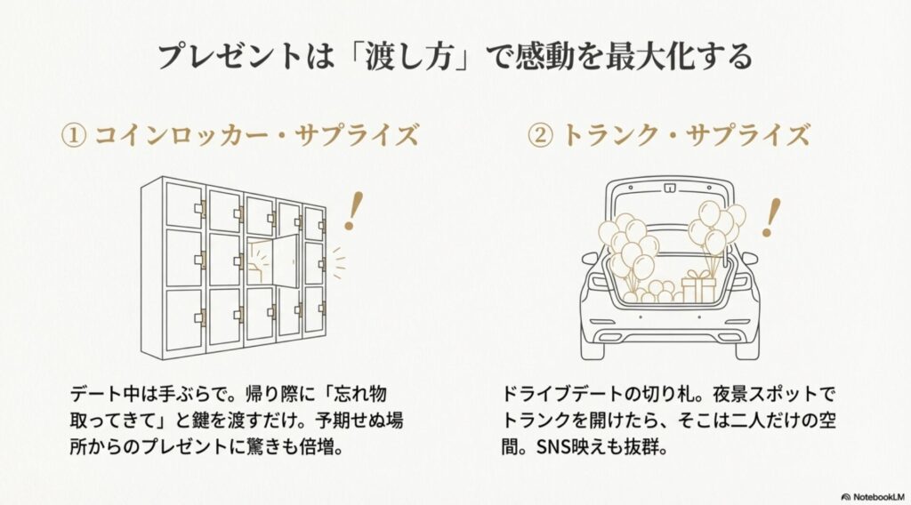 光るコインロッカーの中にプレゼントが入っているイラストと、車のトランクに風船とプレゼントが飾られているイラスト。「プレゼントは渡し方で感動を最大化する」というテキスト。