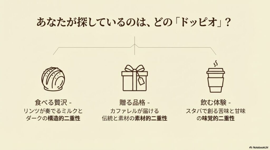 「食べる贅沢(リンツ)」「贈る品格(カファレル)」「飲む体験(スタバ)」という、ドッピオチョコレートが持つ3つの異なる意味と選び方を示した図解。