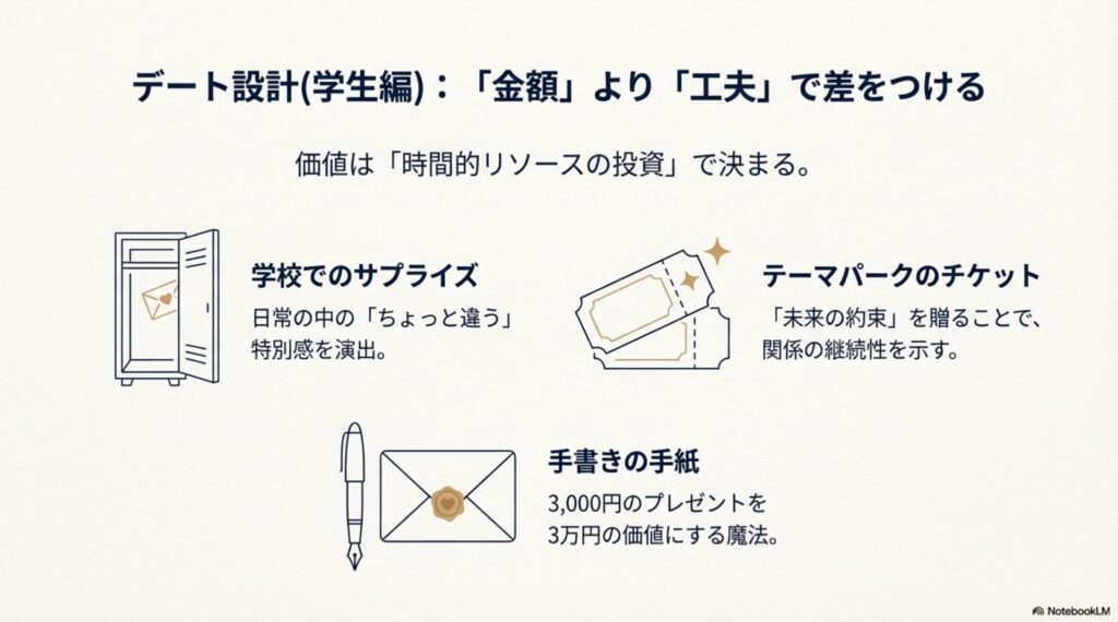 学校でのサプライズ、テーマパークのチケット、手書きの手紙など、金額より工夫を重視したデート案