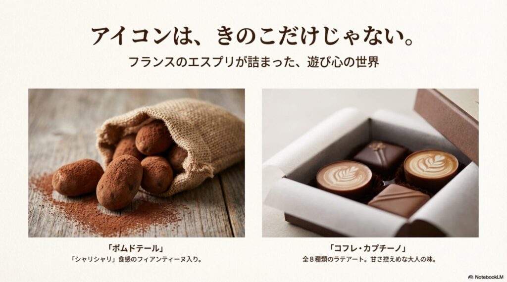 じゃがいもそっくりの「ポムドテール」と、ラテアートが描かれた「コフレ・カプチーノ」のチョコレート画像。