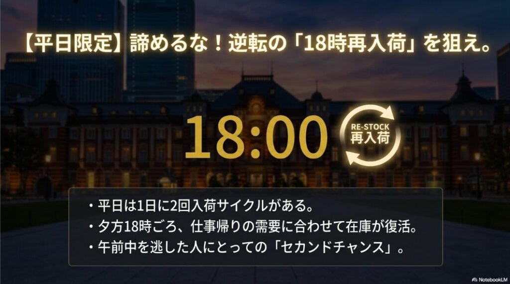 平日は1日2回の入荷サイクルがあり、夕方18時ごろに在庫が復活することを示す「リストック」の案内スライド。