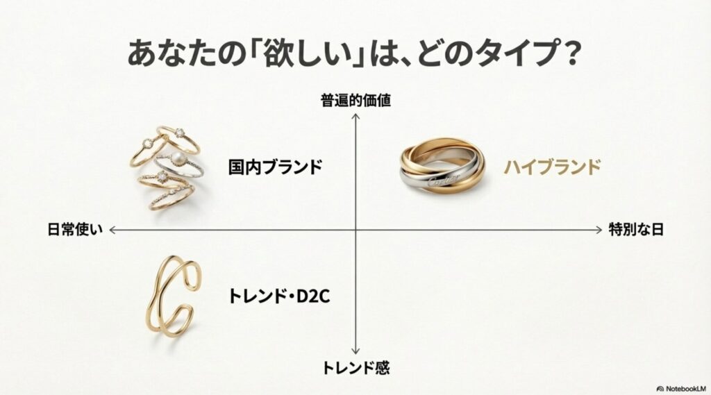 「日常使い・特別」「普遍的価値・トレンド」の軸で分類したチャート。国内ブランドは日常使いと普遍的価値のバランスが良いことを示す図。