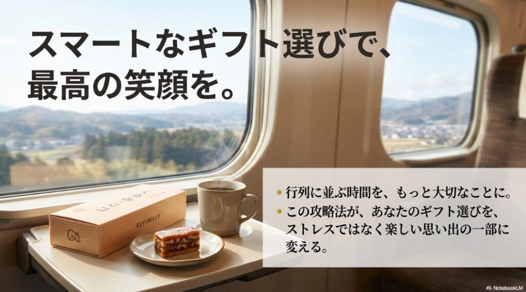 「スマートなギフト選びで、最高の笑顔を」というメッセージと共に、行列に並ぶ時間をもっと大切なことに使おうと提案するエンディングスライド。