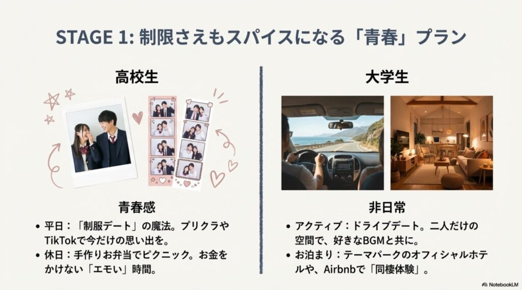 高校生の制服デートや大学生のドライブデートなど、制限を楽しむ青春プランのイメージ