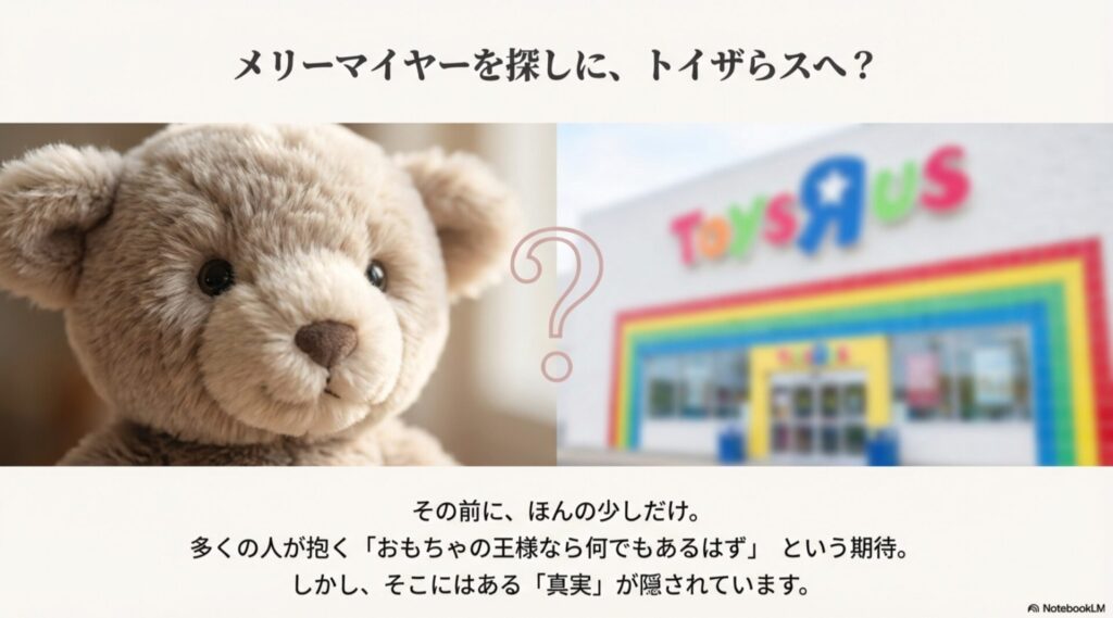 メリーマイヤーのぬいぐるみとトイザらスの店舗背景に疑問符がついているイメージ画像。