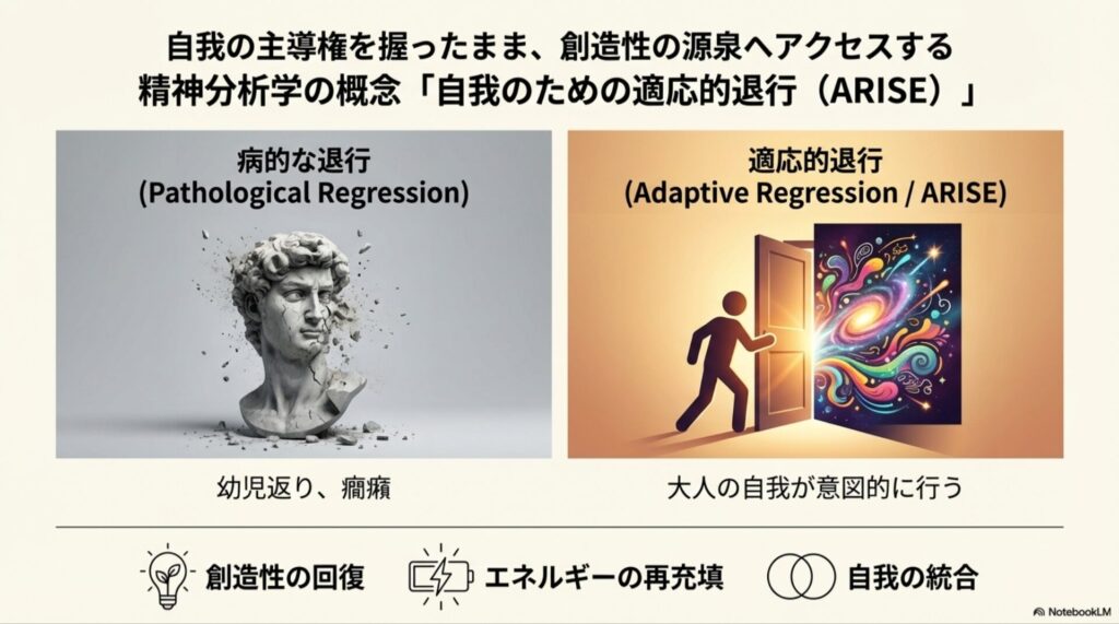 精神分析学の概念図。病的な退行と、自我のための適応的退行(創造性の回復・エネルギー充填)の違いを解説したスライド。