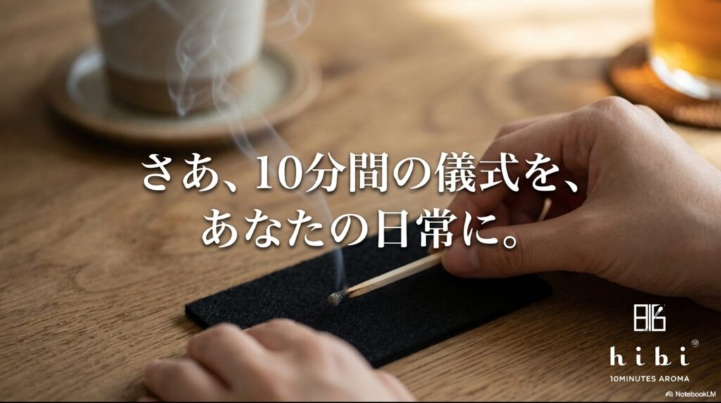 hibiのブランドロゴと「さあ、10分間の儀式を、あなたの日常に。」というメッセージ。