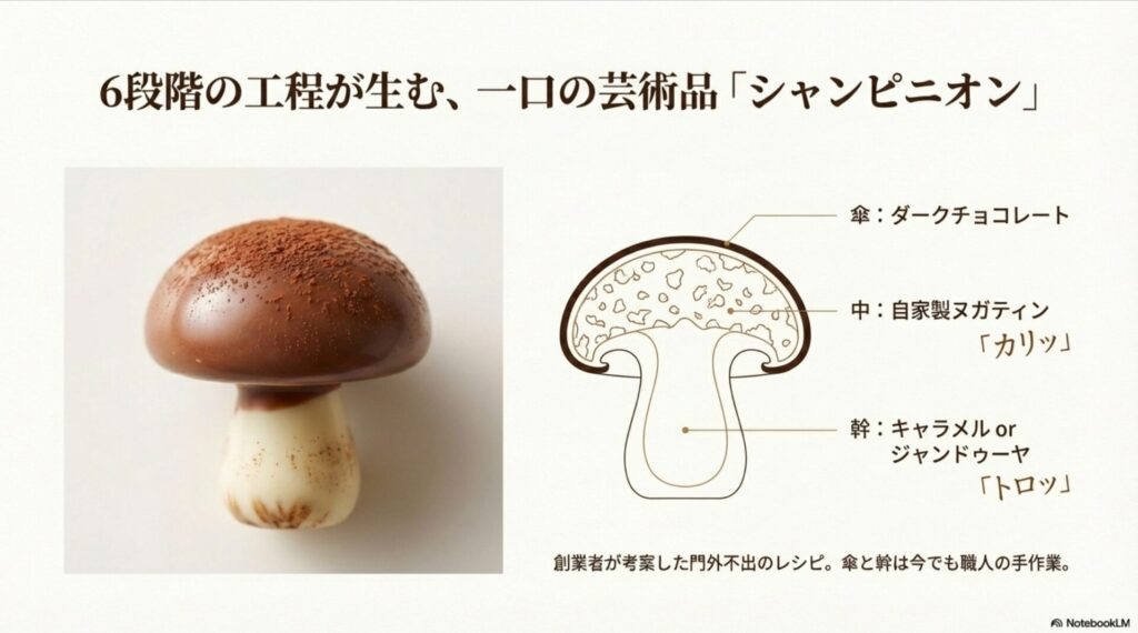 クルイゼルの名作「シャンピニオン」の断面図。傘はダークチョコとヌガティン、幹はキャラメルやジャンドゥーヤの多層構造。