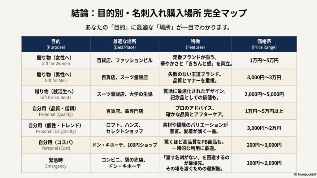 贈り物、自分用、緊急時それぞれの最適な購入場所と価格帯をまとめた一覧表。