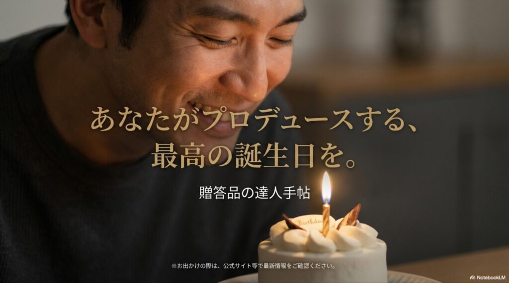 「Happy Birthday」のプレートが乗ったケーキのアップ写真。「あなたがプロデュースする、最高の誕生日を」という結びの言葉。