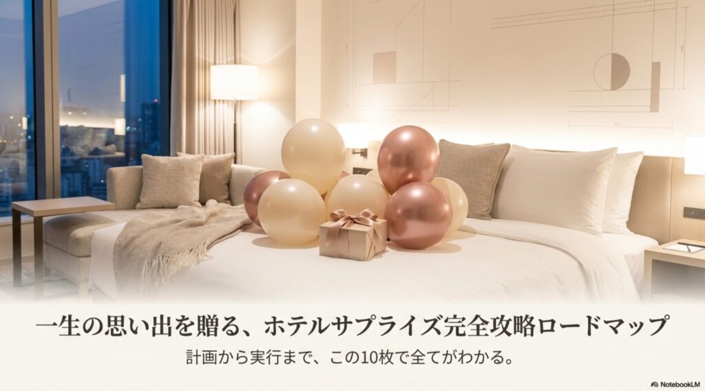 ホテルのベッドの上に飾られたバルーンとプレゼントボックスのイメージ画像。