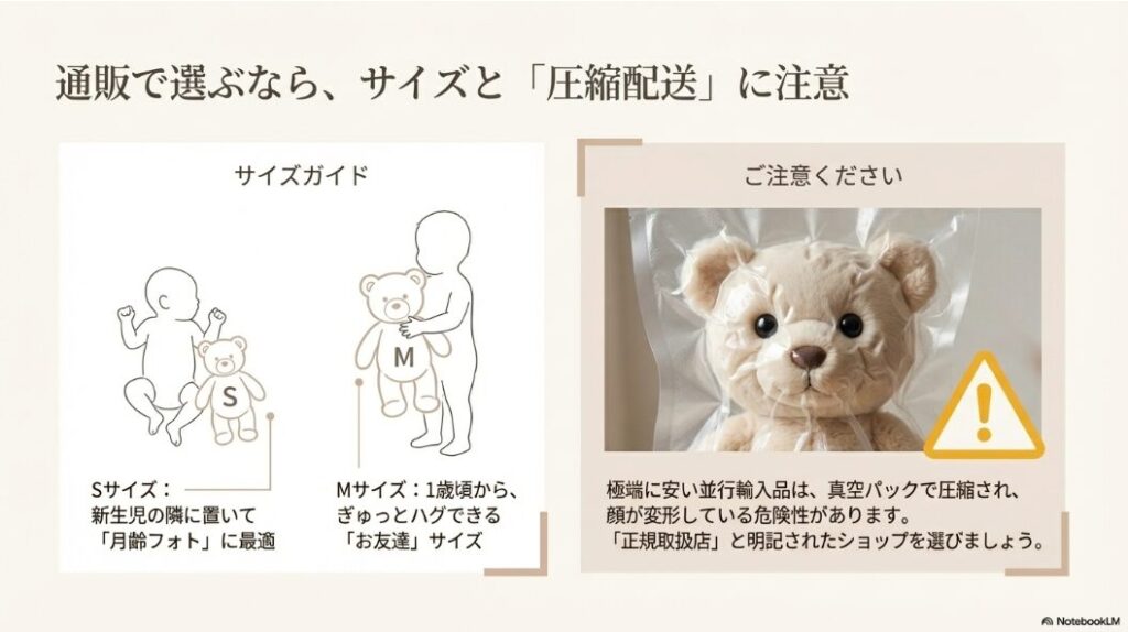 赤ちゃんと並んだSサイズ（月齢フォト用）と、1歳児がハグするMサイズのイラスト比較。および通販の圧縮配送による変形への注意喚起