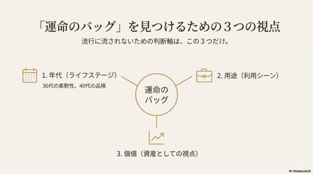 運命のバッグを見つけるための3つの視点：年代・用途・価値