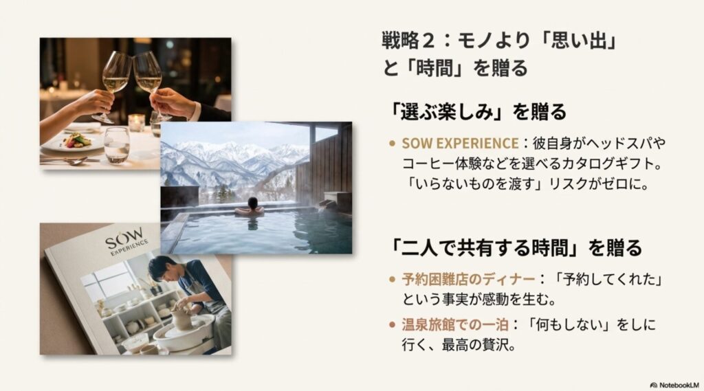 体験ギフトのイメージ画像。SOW EXPERIENCEのカタログギフト、レストランでの乾杯、雪景色の温泉などの写真コラージュ。