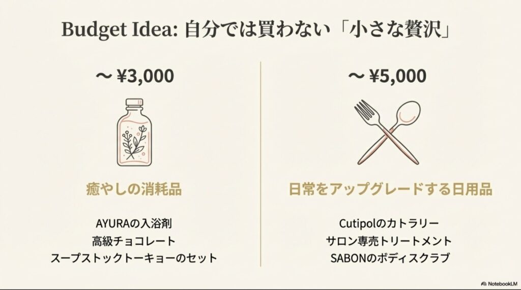 自分では買わない小さな贅沢の提案。高級チョコレートやカトラリーなど、3000円から5000円以内の予算別アイデア。