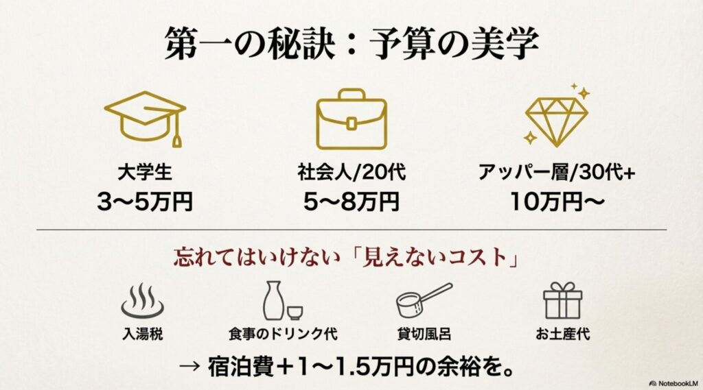 大学生・社会人・アッパー層の旅館サプライズ予算相場と入湯税やドリンク代などの隠れコスト