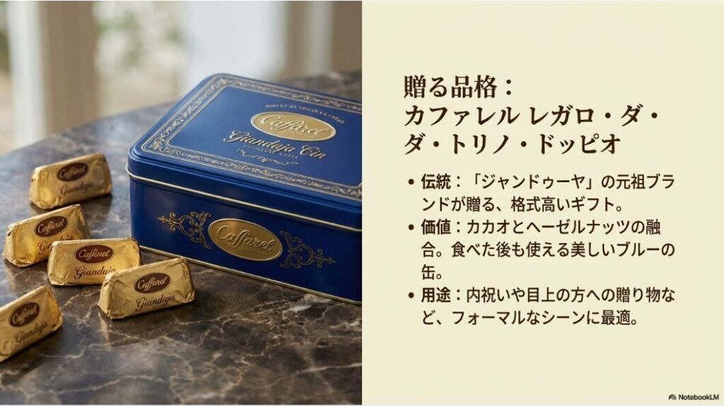 カファレルのギフト商品「レガロ・ダ・トリノ・ドッピオ」の画像。美しいブルーの缶に入っており、ジャンドゥーヤなどの伝統的なチョコレートが詰まっていることを説明するスライド。