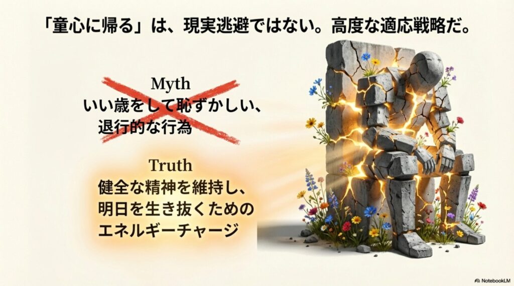 殻を破り、内側から光と花が溢れ出す人物のイラスト。「童心に帰るは現実逃避ではない」というメッセージ。