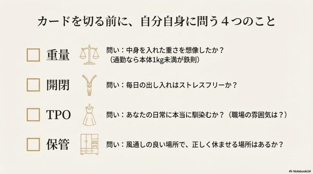 購入前に確認すべき4つのチェックリスト：重量・開閉のしやすさ・TPO・保管場所