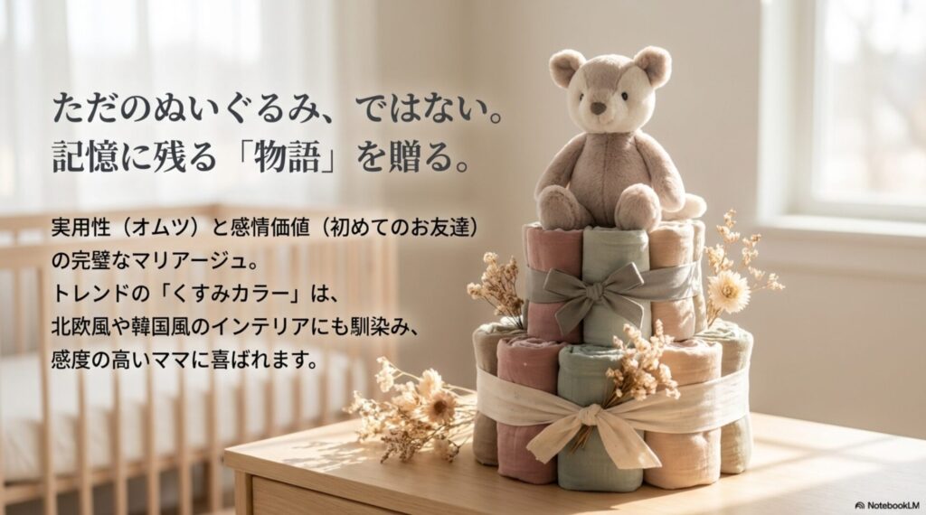 メリーマイヤーがギフトとして人気の理由。オムツケーキの実用性と感情価値、トレンドカラーについての解説。