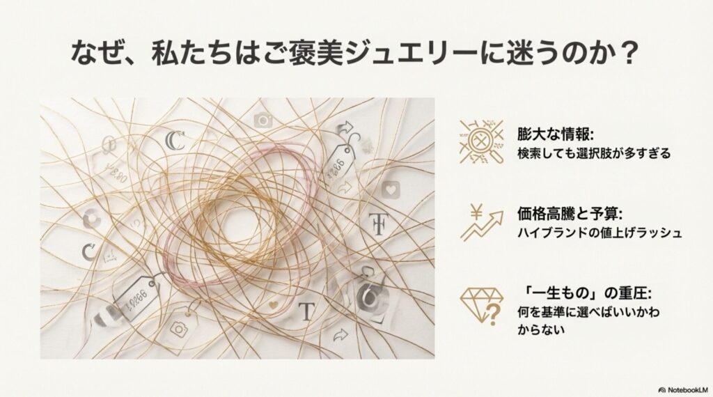 絡まり合った糸と値札のイメージ。情報過多、価格高騰、一生ものへのプレッシャーなど、ジュエリー選びの悩みを表現した図。