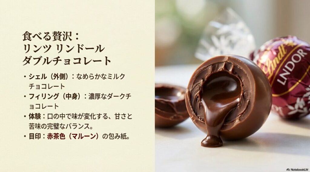 リンツのリンドールダブルチョコレートの断面図。外側のシェルがミルクチョコレート、中身のフィリングがダークチョコレートという二重構造になっていることを示したイラスト。