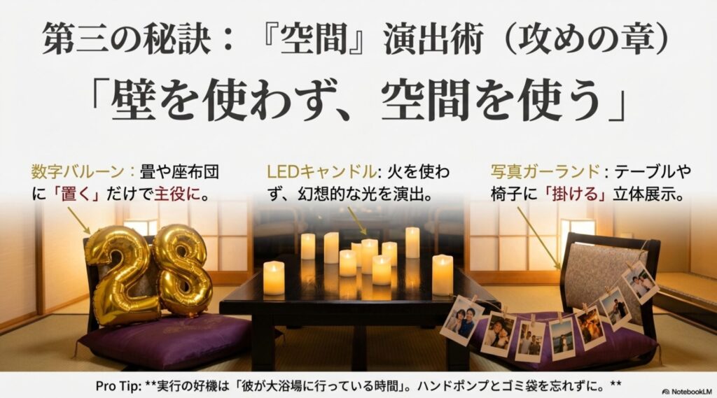 数字バルーンやLEDキャンドル、写真ガーランドを活用した和室を傷つけない飾り付けアイデア