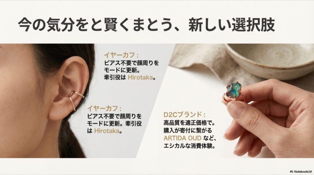 天然石のリングを持つ手元の写真。Hirotakaのイヤーカフや、ARTIDA OUDなどのエシカルなD2Cブランドについての解説スライド。