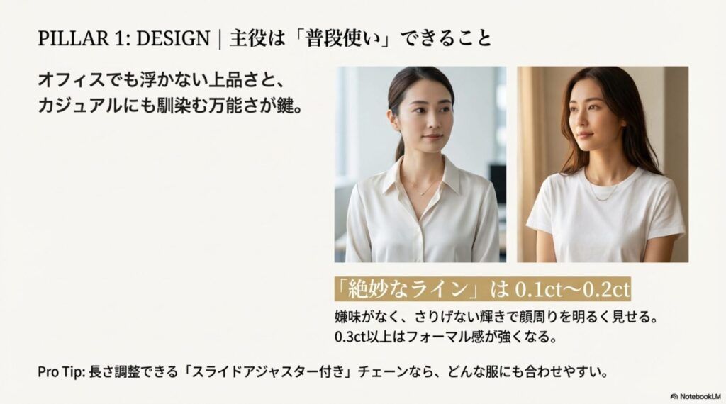 普段使いの主役は0.1ct〜0.2ctのダイヤモンド。スライドアジャスター付きチェーンの利便性を解説したスライド