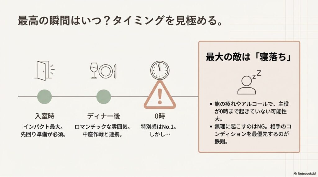 0時のお祝いを待たずに寝てしまうリスクと、入室時やディナー後のタイミングを比較した図。