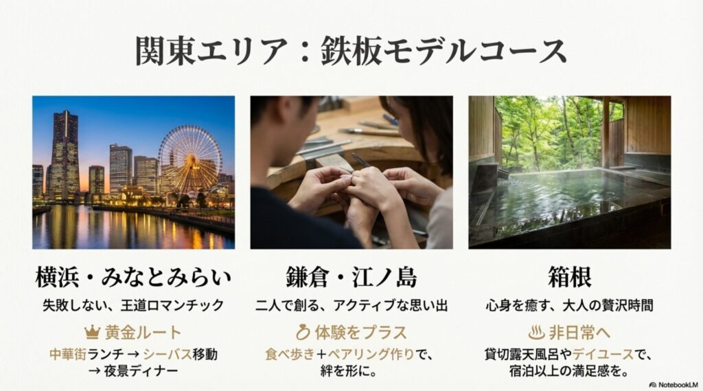 横浜みなとみらいの夜景、鎌倉での指輪作り、箱根の露天風呂のイメージ写真3枚。「横浜・中華街ランチ」「鎌倉・体験をプラス」「箱根・非日常へ」というキャッチコピー。