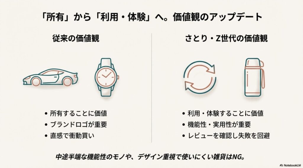 従来の価値観とさとり・Z世代の価値観の比較表。ブランド志向から、コスパ・タイパ重視の実用性へシフトしていることの解説。