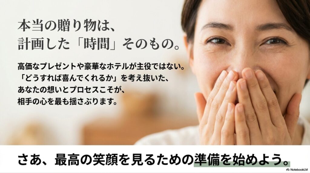 「本当の贈り物は計画した時間そのもの」というメッセージが書かれたスライド画像。