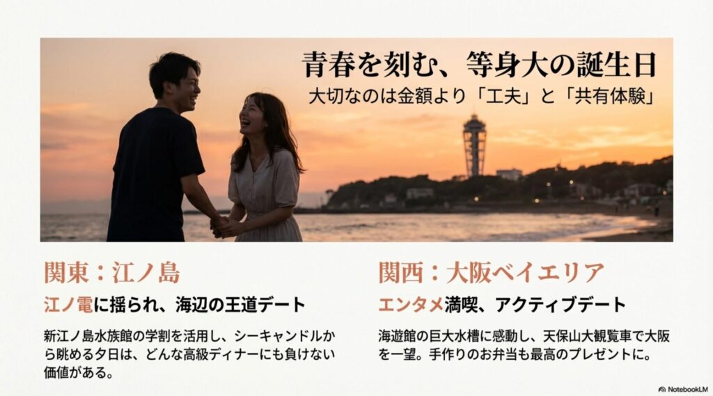 夕暮れの海辺で笑顔で見つめ合う若いカップルの写真。「青春を刻む、等身大の誕生日」「大切なのは金額より工夫と共有体験」というメッセージ。