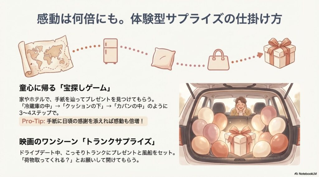 車のトランクに風船を詰めたサプライズや、宝探しゲームの演出方法