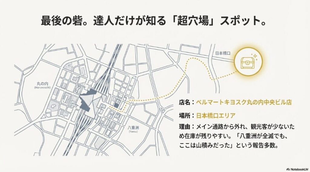 東京駅日本橋口エリアにあるベルマートキヨスク丸の内中央ビル店のマップ。観光客が少なく在庫が残りやすい穴場として紹介