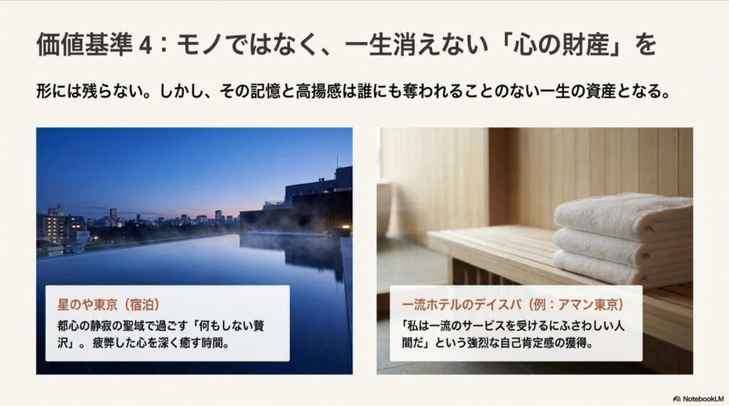 モノではなく、一生消えない「心の財産」を。星のや東京の温泉と一流ホテルのデイスパのイメージ。