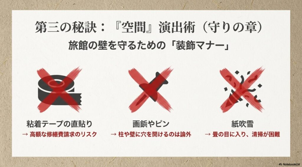 粘着テープの直貼りや画鋲、紙吹雪など、旅館の壁や畳を傷つけるNG装飾の解説