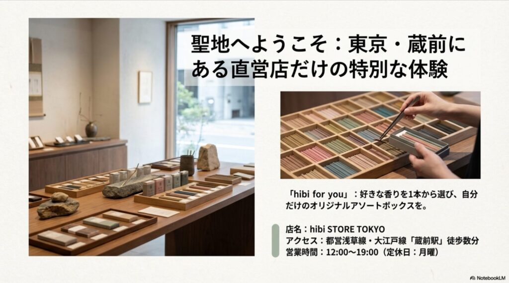 東京蔵前にある直営店で、好きなお香を選んで箱に詰めている様子の写真。店舗へのアクセスや営業時間などの基本情報も記載されたスライド。