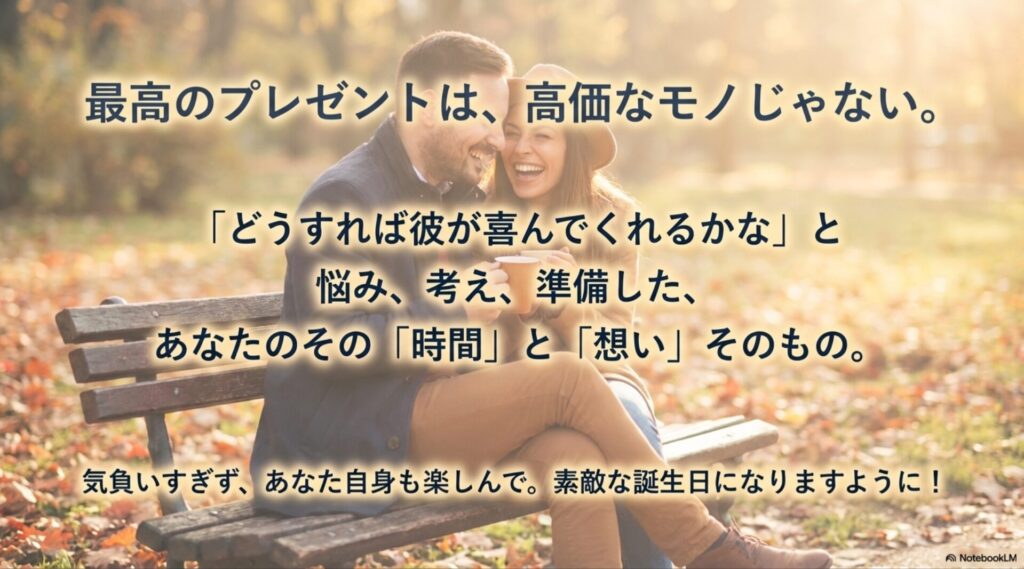 高価なモノではなく、相手のために悩み考えた時間こそが最高のプレゼントであるというメッセージ
